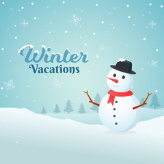 Sticker - Winter Vacation greeting card design with illustration of snowman and xmas trees on snowfall background.