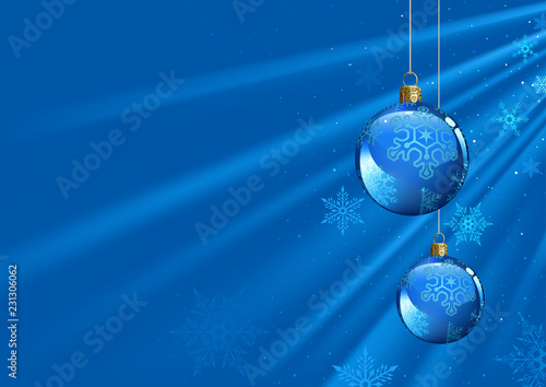 Blue Christmas Background with Christmas Balls and Light Beams with Falling S...
