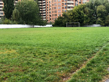 Old Football Field With Soccer Goal. Soccer Field With Pigeons And City Buildings On The Background.