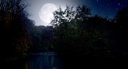 Wall Mural - full blue moon over the river