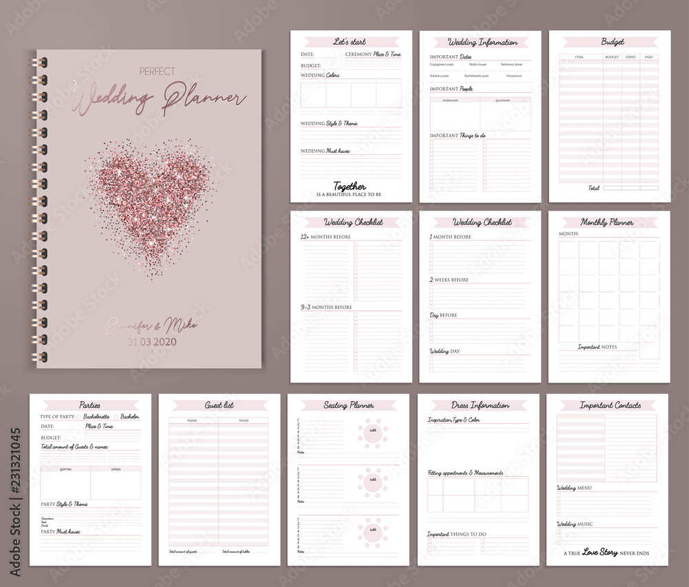 Wedding planner printable design with checklists, important date, notes etc. Vector illustration - obrazy, fototapety, plakaty 