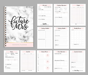 Wedding planner printable design with checklists, important date, notes etc. Vector illustration