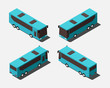 Isometric coach buses in four different positions vector illustration.