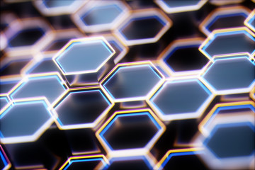 Wall Mural - Black abstract hexagon background, 3d rendering honeycomb background with bright edges.