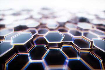 Wall Mural - Black abstract hexagon background, 3d rendering honeycomb background with bright edges.
