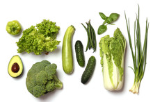 Set Of Fresh Green Vegetables Isolated On White. Proper Nutrition, Vegetarianism, Vegetable Dishes. Flat Lay