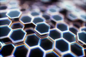 Wall Mural - Black abstract hexagon background, 3d rendering honeycomb background with bright edges.