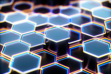 Wall Mural - Black abstract hexagon background, 3d rendering honeycomb background with bright edges.