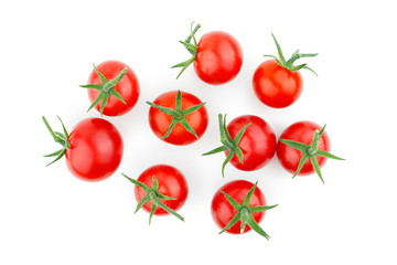 Wall Mural - Cherry tomatoes with green stem isolated on white background, top view