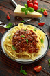 Italian pasta bolognese with beef, basil and parmesan cheese