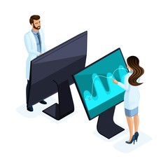 Wall Mural - isometry of a private clinic worker uses modern technology, set 1, virtual screen, large tablet, mod