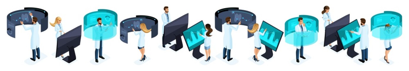 Wall Mural - isometry of a large set of doctors use high tech in the private clinic, virtual screen, large tablet