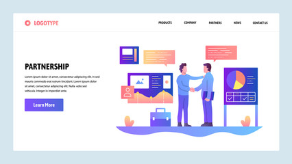 Wall Mural - Vector web site design template. Business partnership. Businessmen cut a deal with finance charts on background. Landing page concepts for website and mobile development. Modern flat illustration.