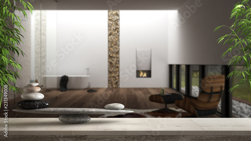 Fotografía Wooden vintage table or shelf with stone balance