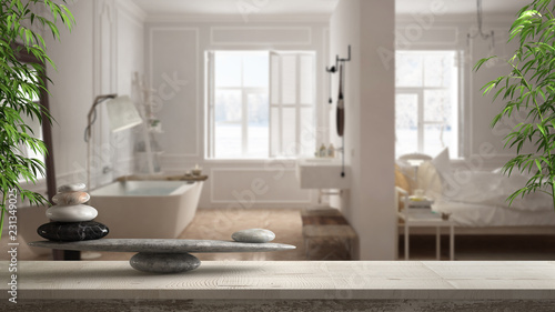 Wooden Vintage Table Or Shelf With Stone Balance Over