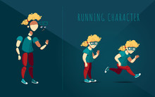 Boy In A Green T-shirt, Sneakers And Glasses Running. Male Blond Curly Hair Character In Red Pants. Character For Running Animation. Avatar For A Currier, A Busy Person Or A School Boy