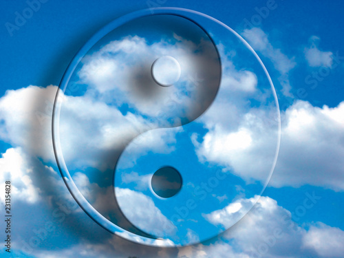 Fotografie, Obraz yin yang symbol over blue cloudy sky like concept oriental china philosophy