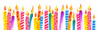 Stylized birthday candles in a row. Hand drawn cartoon watercolor sketch illustration
