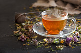 Cup of herbal tea with various herbs