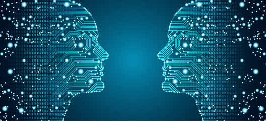 Wall Mural - Big data, artificial intelligence, machine learning in online face-to-face marketing concept in form of two man faces outline with circuit board and binary data flow on blue background.