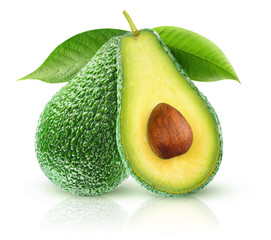 Leinwandbilder - Isolated avocados. Two avocado fruits, one cut in half, on a branch with leaves isolated on white background with clipping path