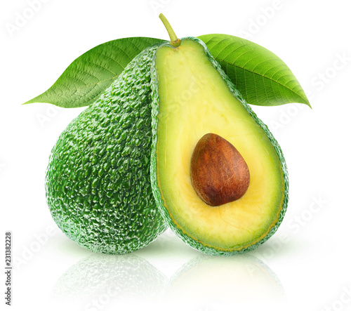 Isolated Avocados Two Avocado Fruits One Cut In Half On A Branch With Leaves Isolated On White Background With Clipping Path Foto Stock Adobe Stock