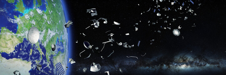 Wall Mural - space junk in earth orbit, debris orbiting the blue planet, flying trash