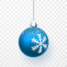 Blue Christmas Ball With Snow Effect. Xmas Glass Ball On Transparent Background. Holiday Decoration Template. Vector Illustration