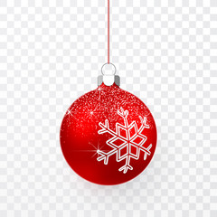 Wall Mural - red christmas ball with snow effect. xmas glass ball on transparent background. holiday decoration t