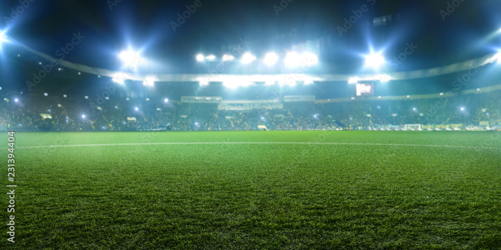 Football stadium, shiny lights, view from field - obrazy, fototapety, plakaty 