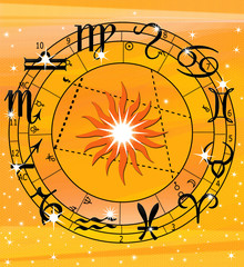 Wall Mural - Zodiac circle and stars with zodiac signs. Horoscope. Prediction of the future. Raster illustration