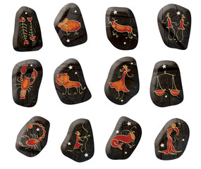 Wall Mural - Set of 12 signs of the zodiac. Stones for divination with the designation of signs of the zodiac. Constellations and stars. Horoscope. Prediction of the future. Raster illustration