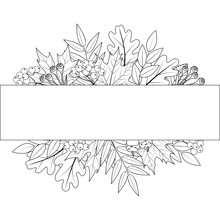 Autumn Leaves Frame Decor, Included Rowan Berries Bunch, Oak Leaf, Maple Leaf, Acorns. Vector Black And White  Illustration For Your Wedding Invitation, Greeting Card, Mid Season Sale Window Sticker