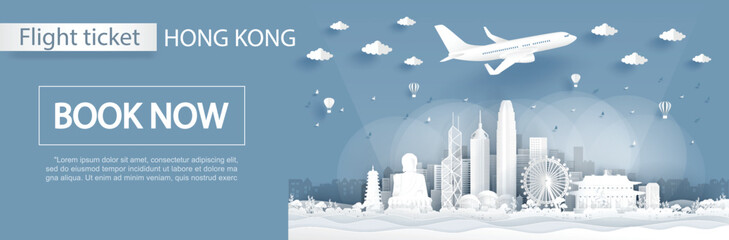 Wall Mural - Flight and ticket advertising template with travel to Hong Kong concept with famous landmarks in paper cut style vector illustration