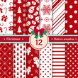 Merry Christmas pattern seamless collection. Set of 12 Xmas background red and white colors. Endless texture for gift wrap, wallpaper, web banner background, wrapping paper and Fabric patterns.