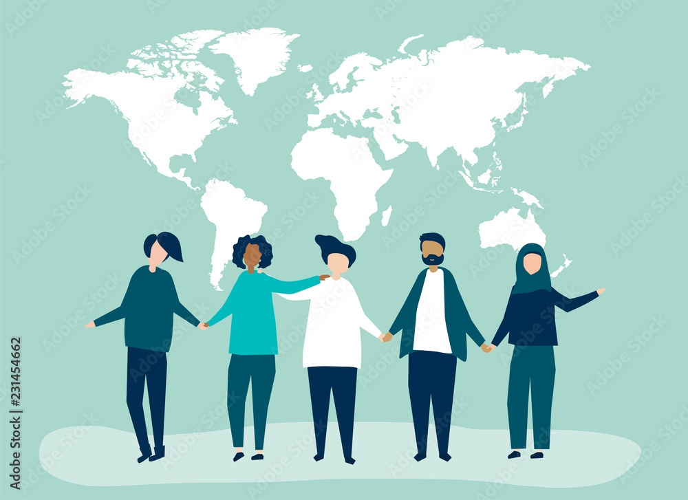 Character illustration of people with a world map illustration Stock ...