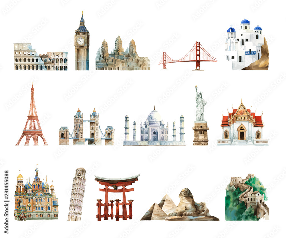 Collection of architectural landmarks painted by watercolor - obrazy, fototapety, plakaty 