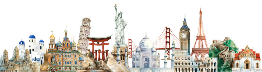 collection of architectural landmarks painted by watercolor