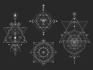 Wall Mural - vector set of sacred geometric symbols and figures on black background. white abstract mystic signs 