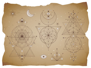 Wall Mural - Vector set of Sacred geometric symbols with moon, eye, arrows, dreamcatcher and figures on old paper background with torn edges. Abstract mystic signs collection drawn in lines.