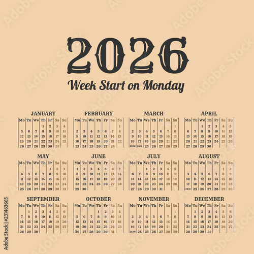 Fotografia 2026 year vintage calendar. Weeks start on monday
