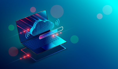Fototapete - Isometric laptop or notebook with icon or symbol of cloud technology. Progress upload and download data information in cloud storage of corporation network and sharing of data . Conceptual banner.