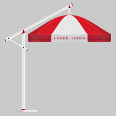 Wall Mural - Commercial Vector Awning Series. Shop, Cafe, Restaurant Symbol. Red and White Round Umbrella Awning with Folding Mechanism Isolated on Grey Background. Design Element for Poster, Banner, Advertising.