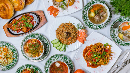Wall Mural - dishes of Uzbek cuisine lagman, pilaf