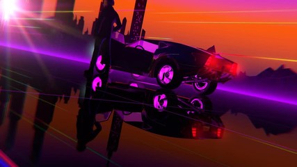 Wall Mural - Retro-futuristic 80s style sci-Fi car background. Seamless loop 3D video animation