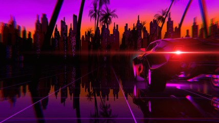 Wall Mural - Retro-futuristic 80s style sci-Fi car background. Seamless loop 3D video animation