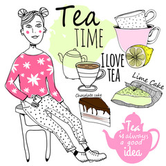 Tea time. Cute hipster girl with cup of tea. Vector illustration