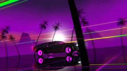 Wall Mural - Retro-futuristic 80s style sci-Fi car background. Seamless loop 3D video animation