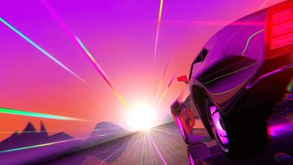 Wall Mural - Retro-futuristic 80s style sci-Fi car background. Seamless loop 3D video animation