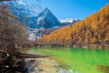  pearl lake with snow mountain  in yading nature reserve, Sichuan, China.